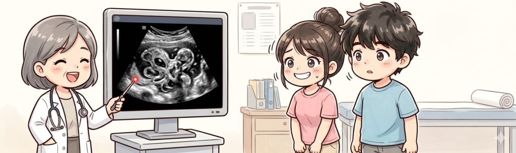 産婦人科の診察室で、モニターに映るエコー写真について医師から説明を聞き、笑顔になる妊娠中の夫婦のイラスト