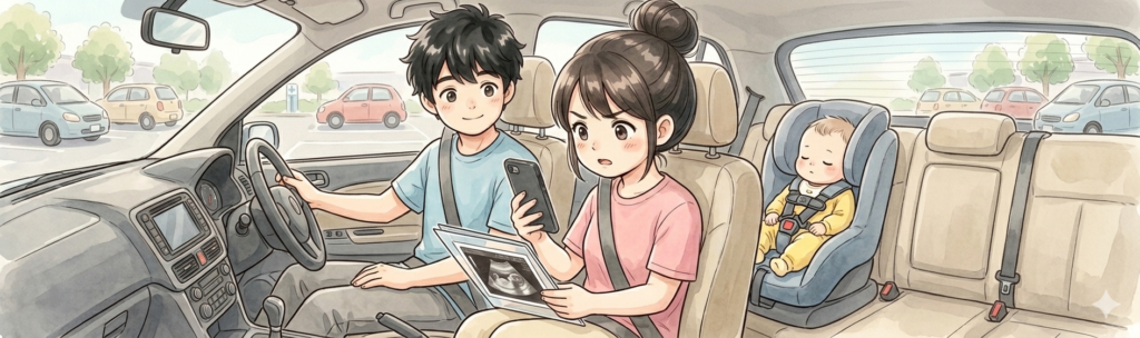 車の助手席でエコー写真とスマートフォンを見比べて驚く夫婦と、後部座席のチャイルドシートに座る赤ちゃんのイラスト