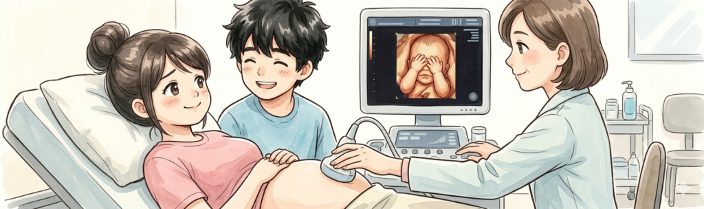 産婦人科のベッドで超音波(エコー)検査を受ける妊婦と、モニターに映る赤ちゃんを笑顔で見守る夫、診察する医師のイラスト
