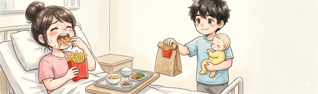 出産を終えた病室で、パパが買ってきたフライドポテトを美味しそうに頬張る産後ママのイラスト
