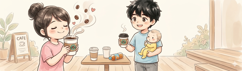 カフェインが解禁され、パパと赤ちゃんの隣で温かいブラックコーヒーの香りを嬉しそうに楽しむママのイラスト