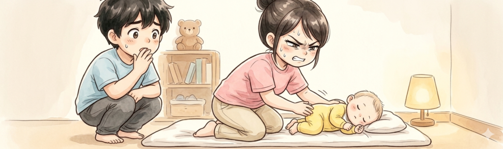 ママが赤ちゃんを起こさないようにそっと布団に寝かせつけようとしている