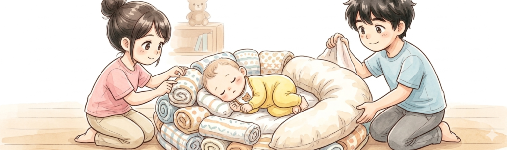 乳幼児の背中スイッチを気にして起こさないようにタオルやクッションを駆使して寝かせつけようとしている