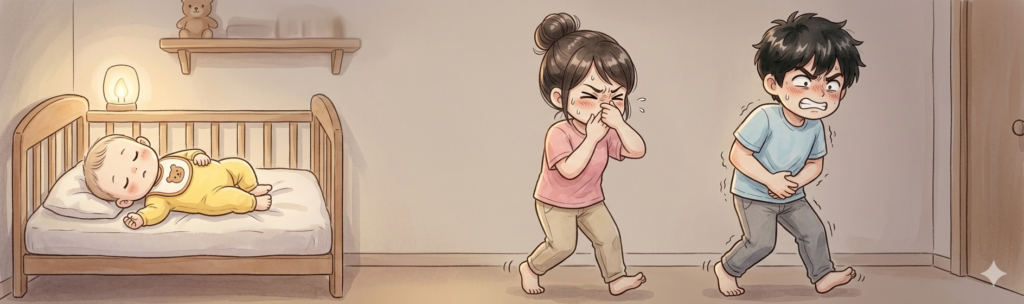 子どもを寝かせつけながらパパとママがくしゃみや尿意を我慢している
