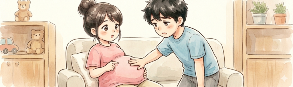 おなかの赤ちゃんが動いているときにパパに知らせて、パパが触るが、その時にはもう赤ちゃんは動いていない