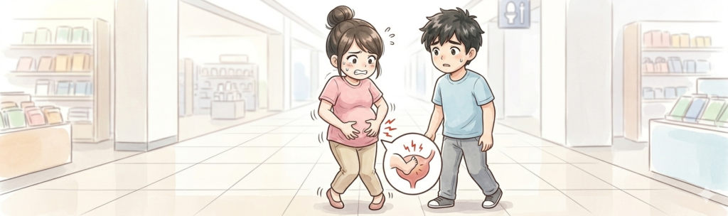 妊婦が外出中に赤ちゃんの足が膀胱にクリーンヒットし強烈な尿意が襲ってくる