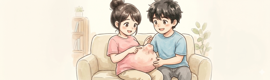 胎動によりおなかの形がいびつに変形している