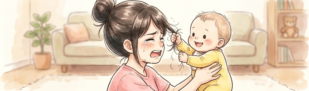 赤ちゃんが悪気なく楽しそうにママの髪の毛を抜いて遊んでいる