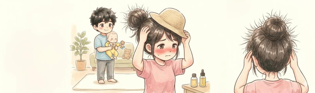 抜け毛が生えてきてツンツンな髪形になっている産後ママ