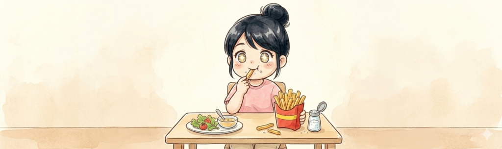 つわり中のママがフライドポテトを美味しそうに頬張っている