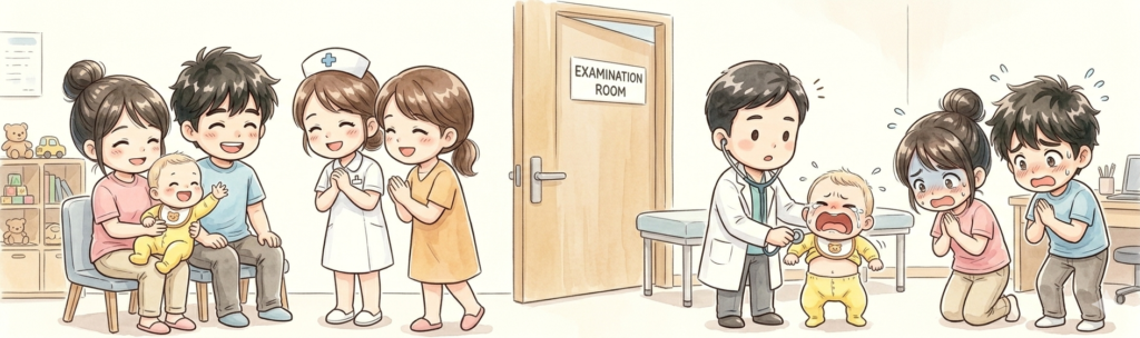 赤ちゃんの予防接種で待合室では楽しそうにしていた赤ちゃんが診察室では大泣きしている