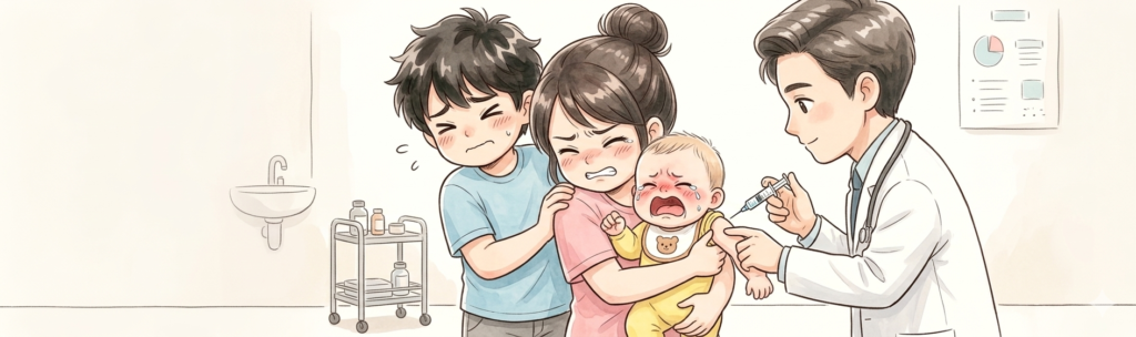赤ちゃんの予防接種でパパとママが可哀そうだと思って直視できていない