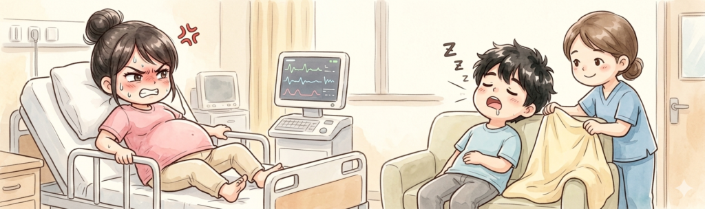 陣痛で苦しむママと焦る助産師さんの横で、ソファーでいびきをかいて爆睡するパパのイラスト