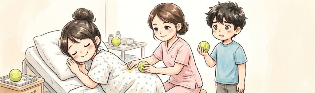 陣痛中のママの腰にテニスボールを押し当てる助産師さんのイラスト