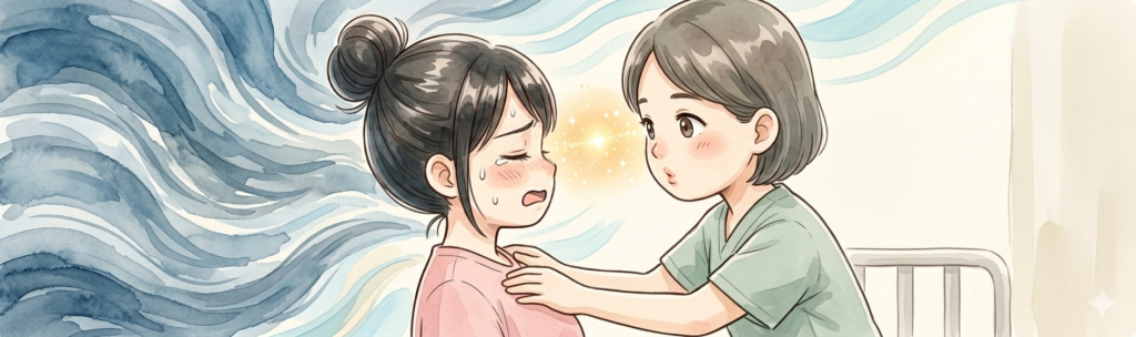 陣痛中にパニックになるママを落ち着かせようとする助産師さんのイラスト