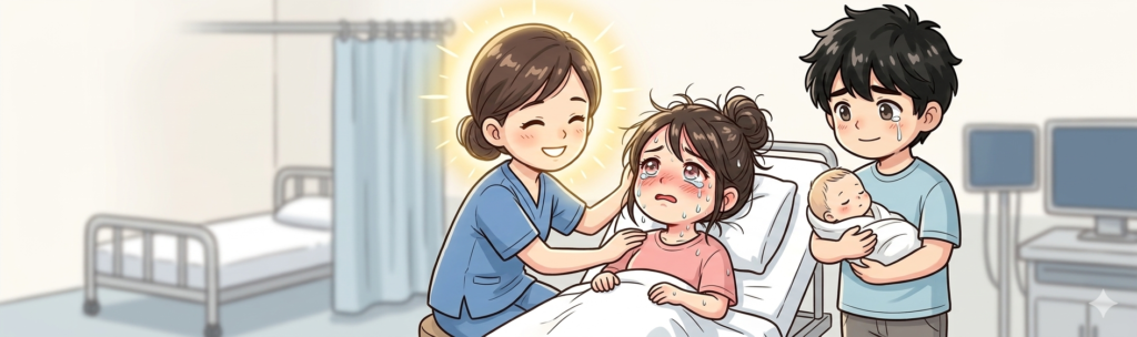 出産後優しくしてくれる助産師さんのイラスト