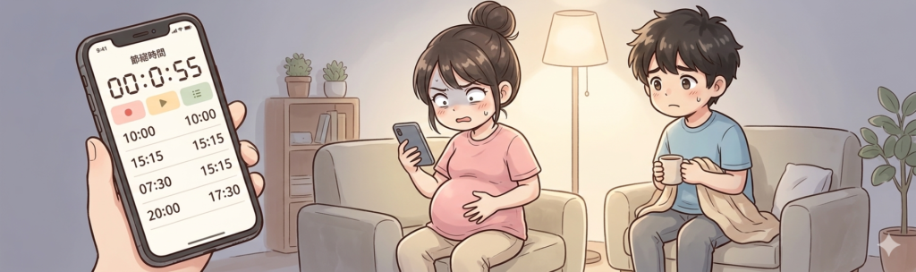 陣痛アプリとにらめっこして本陣痛かどうかを気にしているイラスト