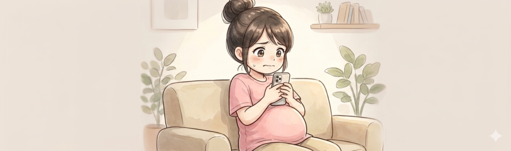 陣痛中に病院に電話するかしないかを悩んでいるイラスト