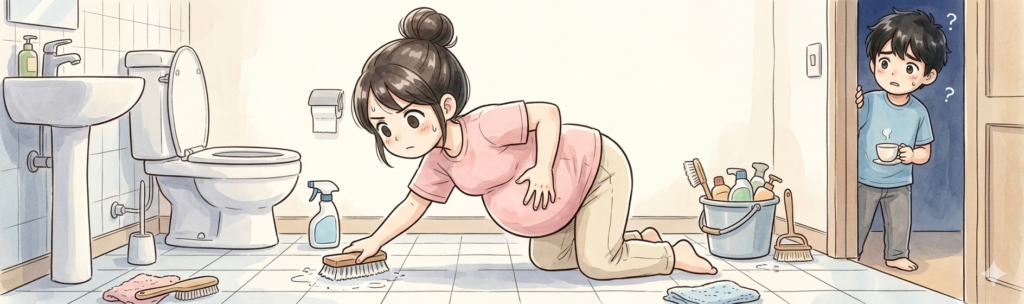 陣痛中に水回りの掃除をしているイラスト