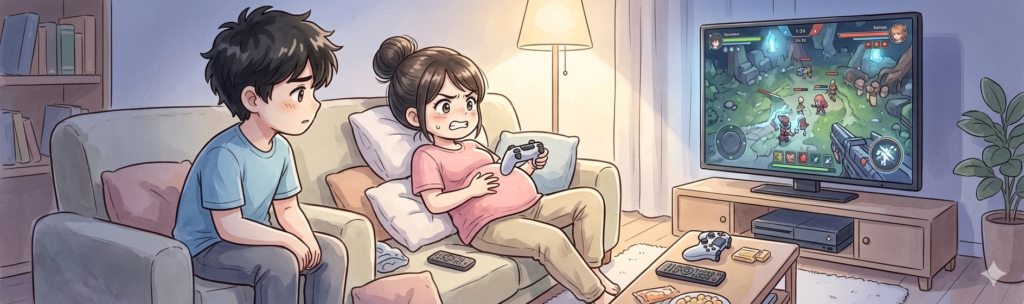 出産前にゲームや映画を楽しんでいるイラスト