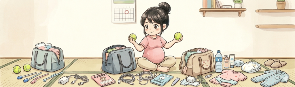 陣痛バッグの中身を迷っているイラスト