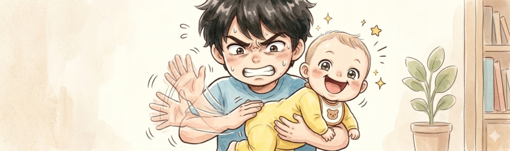 パパが赤ちゃんを寝かしつけしようと背中をトントンしているが逆効果で起きてしまっているイラスト
