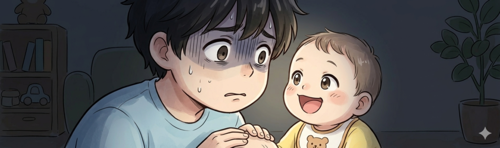 寝かしつけようとしているパパが赤ちゃんと目が合ってしまい目が覚めてしまっているイラスト