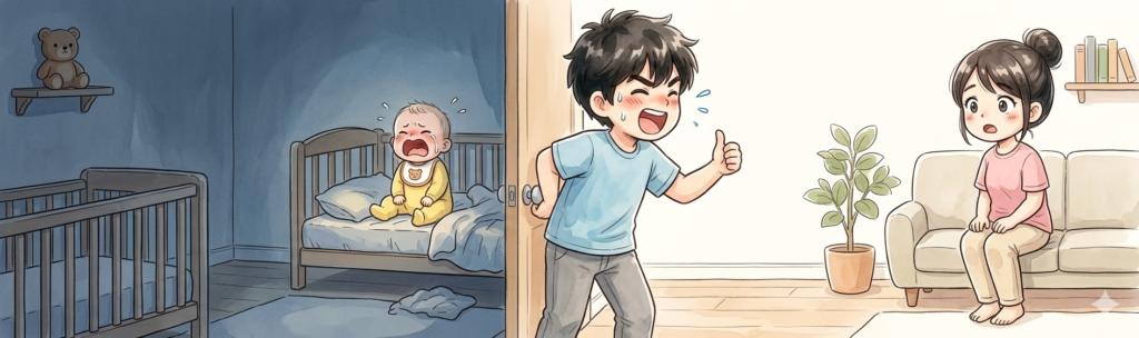 寝かしつけた後に大きな声を出してしまい、起こしてしまうイラスト