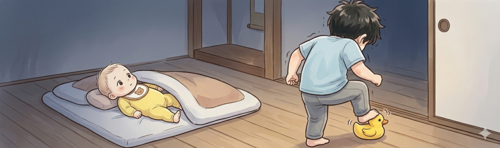 寝かしつけが完了し部屋を出ようとしたときにおもちゃを踏んでしまうイラスト