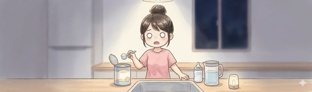 深夜の台所でミルクを作っているが何杯入れたかわからなくなっているイラスト