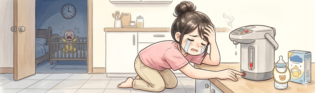 深夜にミルクづくりをしようとしているがポットが空で困っているイラスト
