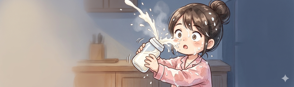 深夜にミルクを作ろうとしてフタを閉め忘れてしまいミルクをこぼしてしまうイラスト