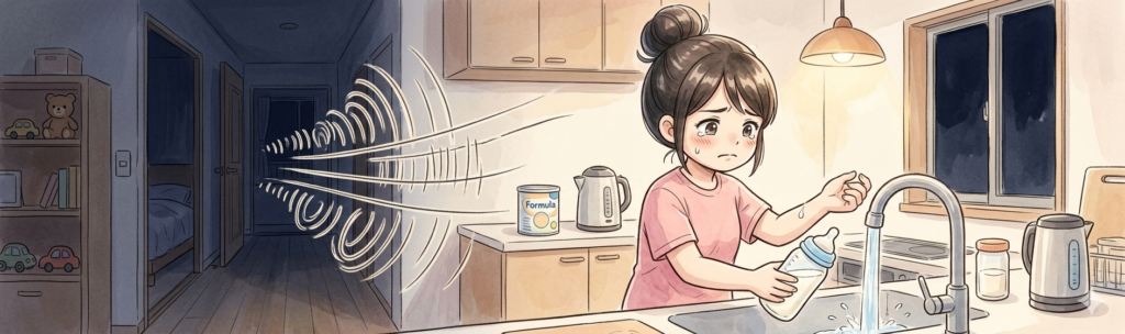 深夜のミルクづくりで赤ちゃんが泣いており、焦って冷まそうとしているイラスト