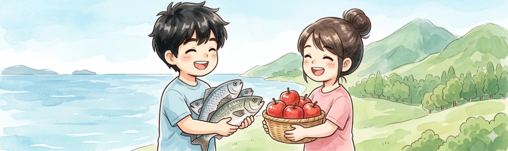 魚とリンゴを物々交換しているイラスト