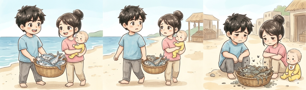 物々交換できずに魚を腐らせてしまっているイラスト