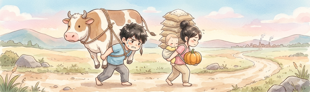 牛やお米を運んでいるイラスト
