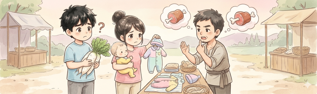 物々交換をしようとしたが断られているイラスト