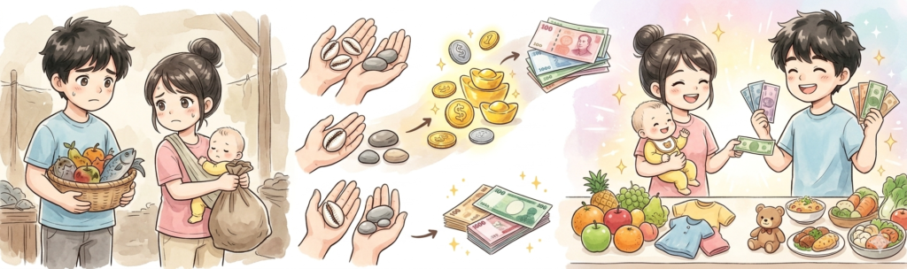 お金の成り立ちやツールを説明したイラスト