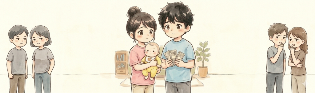 お金を稼いでいる人を悪い人だと陰口を言っているイラスト
